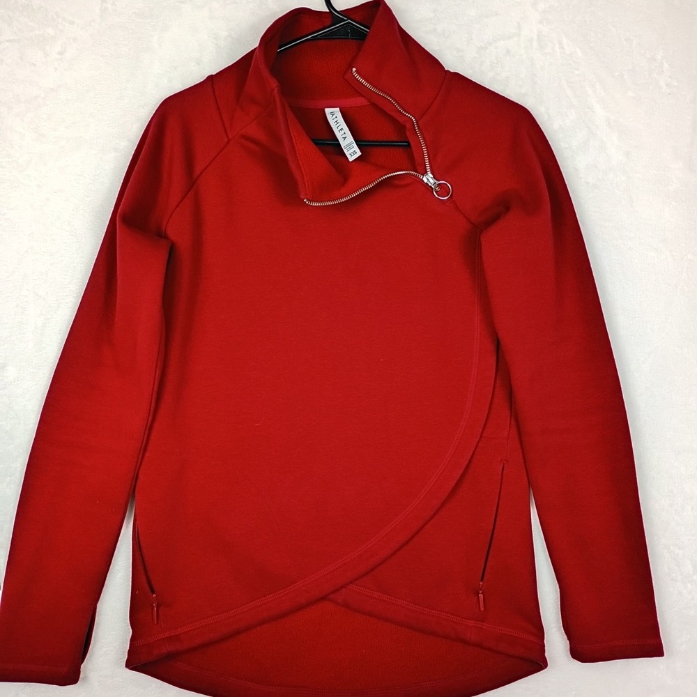 Athleta Red Asymmetrical Zip‎ Fleece Pullover Sweatshirt XXS Tulip Hem